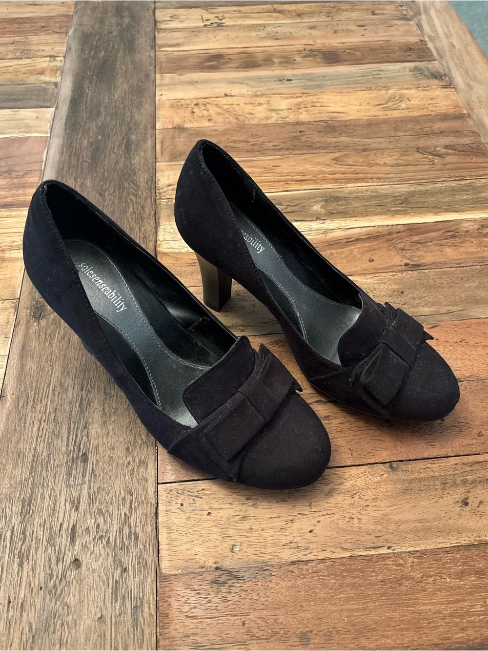 Sole Sensibility Black Suede Bow Block Heel Pumps
